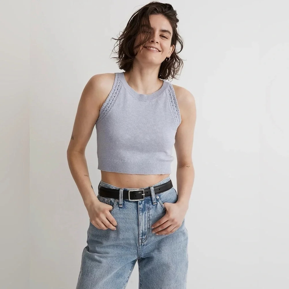 Madewell Crochet-Trim Crop
Sweater Tank
Size xs
Periwinkle color 
Pit to pit 13”